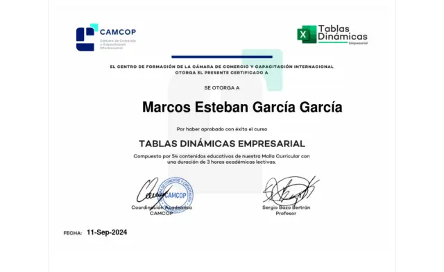 Certificado CAMCOP de Tablas Dinámicas Empresarial