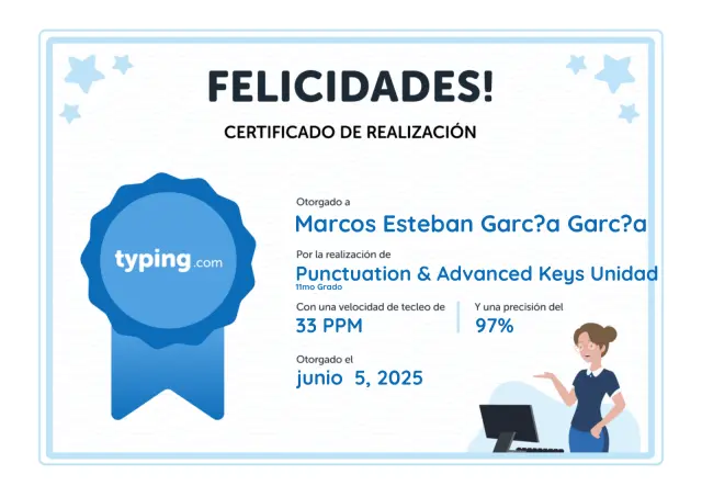 Certificado de Typing.com, puntuación y teclas avanzadas