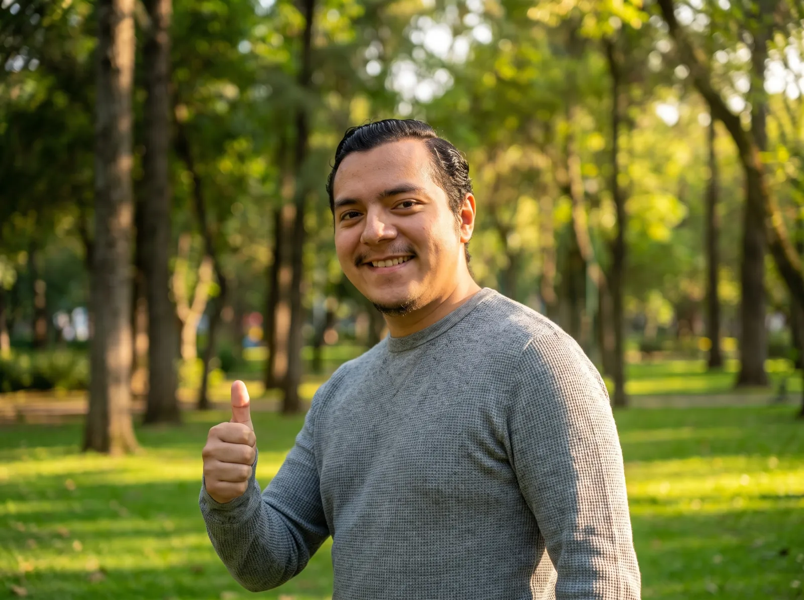 Marcos García en un parque, sonriendo con el pulgar arriba